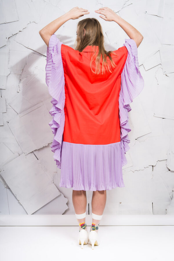 Lilac and Coral Pleated Bicolor Dress