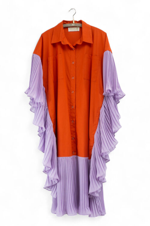 Lilac and Coral Pleated Bicolor Dress