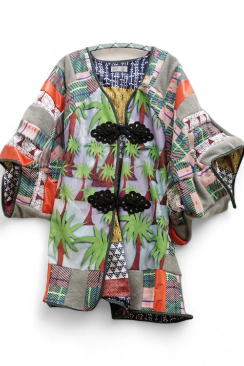 Asymmetric Creative Patchwork Zero-Waist Palmtrees Cardigan with Red Touch