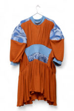 Artisan Boho Chic Pleated Dress with Blue & Orange Color Block Design