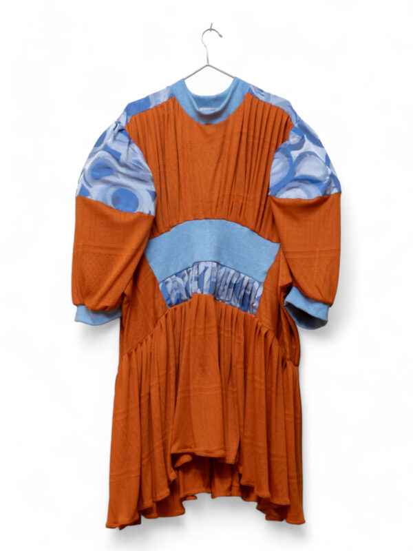 Artisan Boho Chic Pleated Dress with Blue & Orange Color Block Design