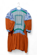 Artisan Boho Chic Pleated Dress with Blue & Orange Color Block Design