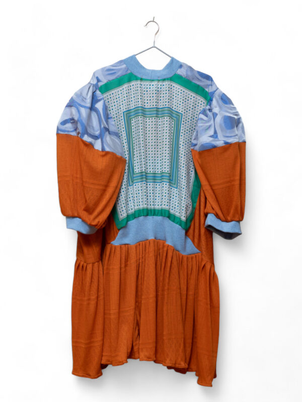 Artisan Boho Chic Pleated Dress with Blue & Orange Color Block Design