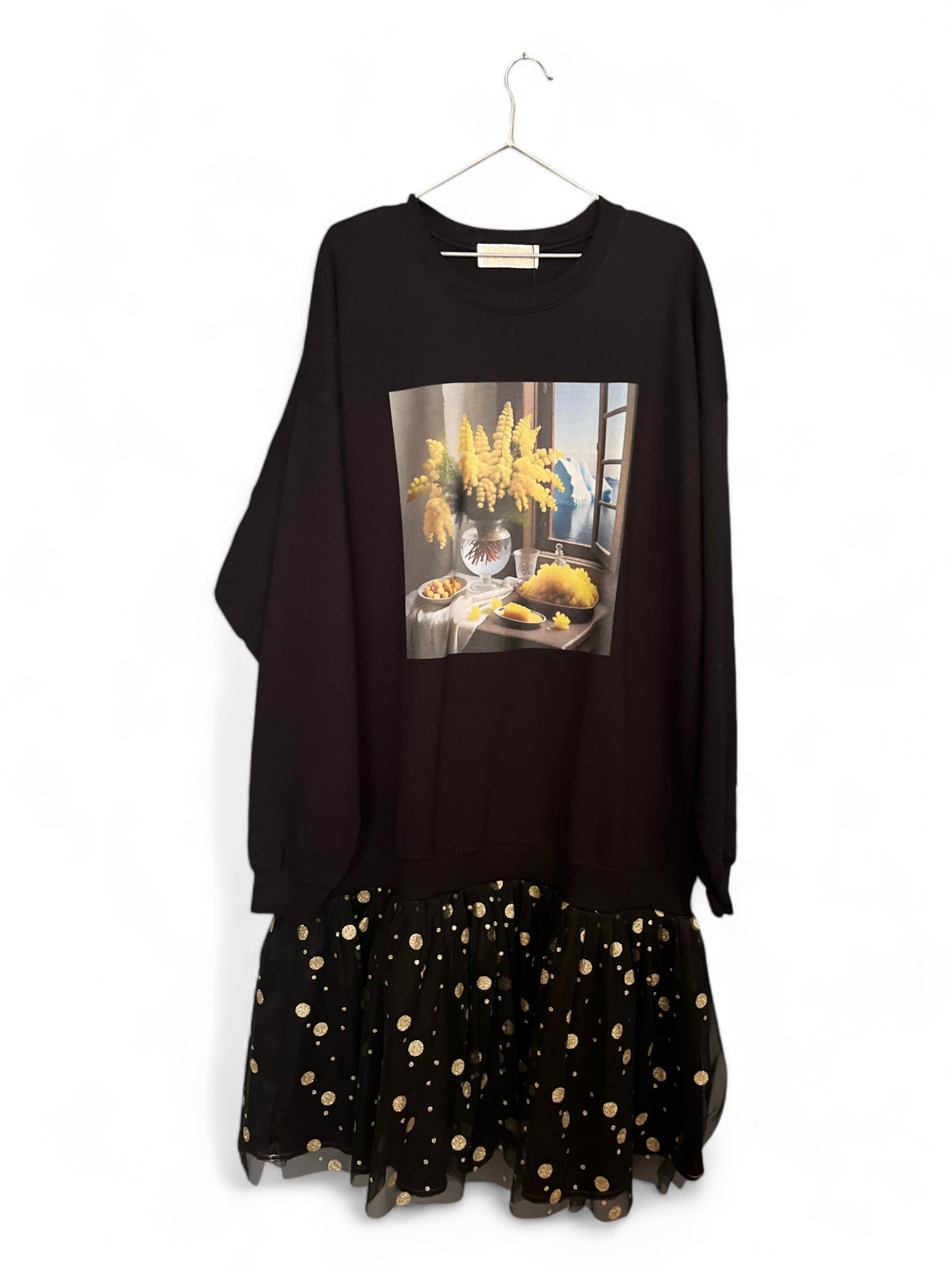 Black Long Sleeve Dress With Yellow Floral Print And Polka Dot Tulle Hem -  Tata Christiane