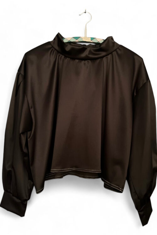 Chic Brown Satin Blouse with Balloon Sleeves and High Neckline