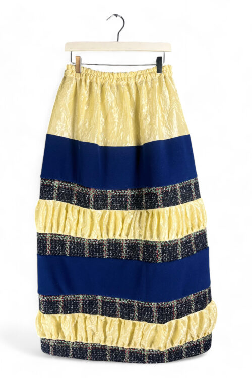 Color Block Maxi Skirt with Yellow Crinkle Satin, Navy Fleece, and Tweed Stripes