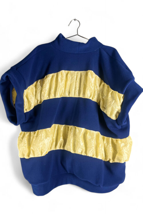 Oversized Navy Blue Fleece Top with Yellow Crinkle Satin Stripes