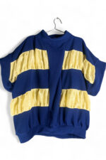 Oversized Navy Blue Fleece Top with Yellow Crinkle Satin Stripes