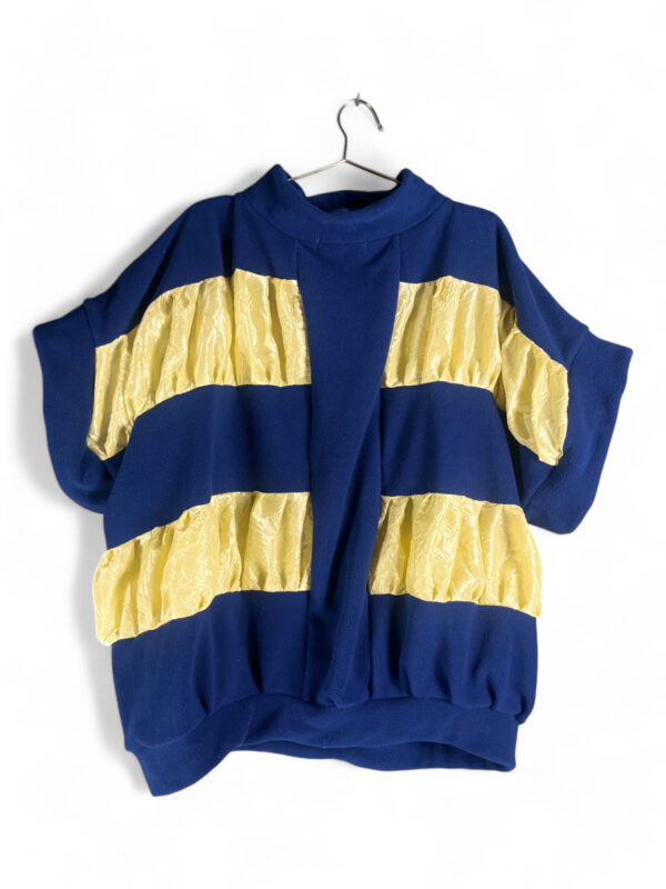 Oversized Navy Blue Fleece Top with Yellow Crinkle Satin Stripes