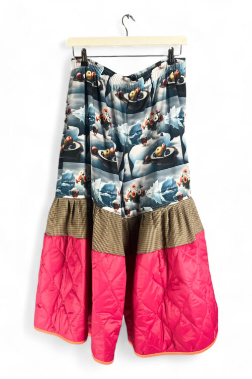 Art-Inspired Wide-Leg Pants with Still Life Print and Pink Quilted Panels