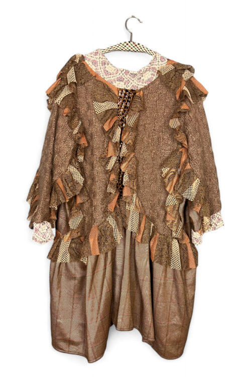 Brown Ruffled Patchwork Dress with Lace Details