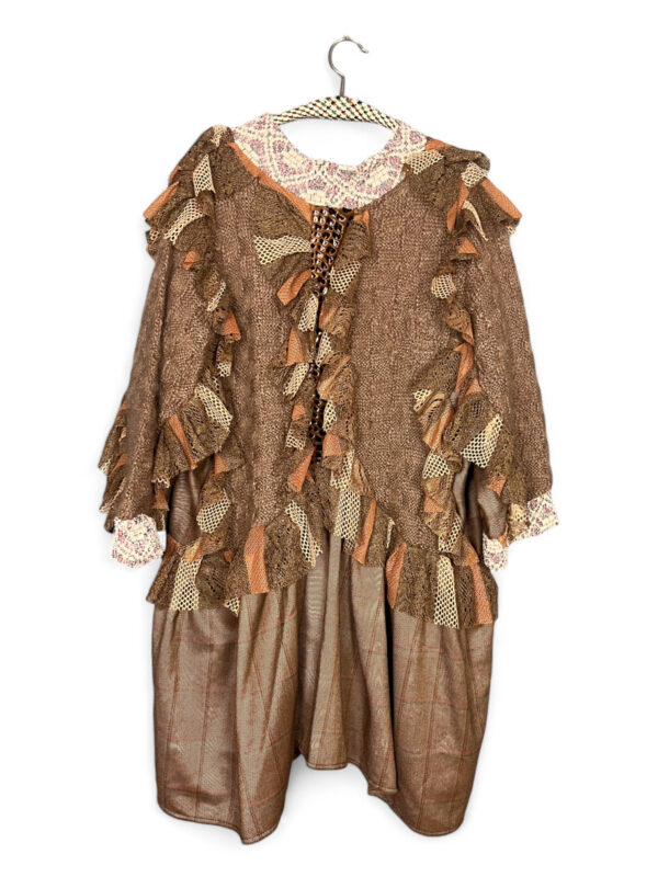 Brown Ruffled Patchwork Dress with Lace Details