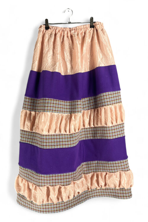 Color Block Maxi Skirt with Peach Crinkle Satin, Purple Fleece, and Tweed Stripes