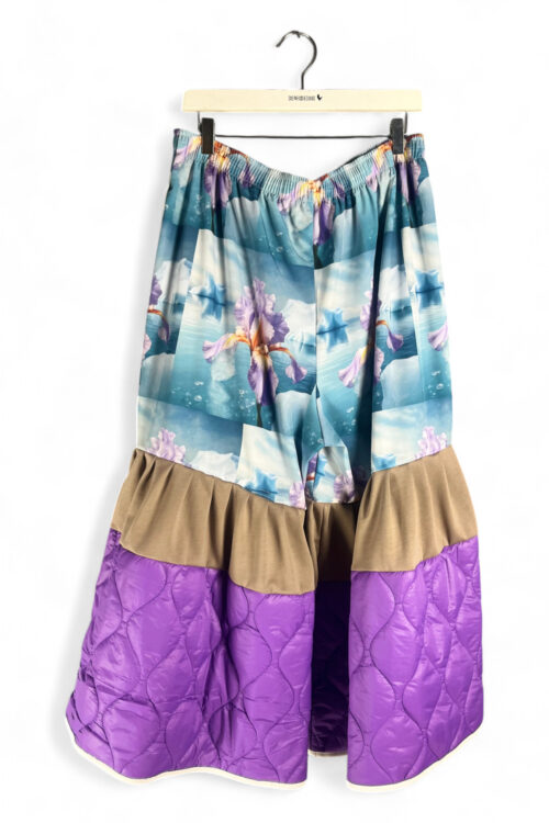 Floral Scenic Print Wide-Leg Pants with Purple Quilted Panels