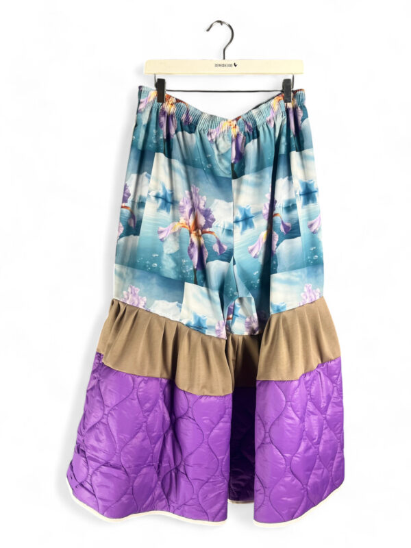 Floral Scenic Print Wide-Leg Pants with Purple Quilted Panels