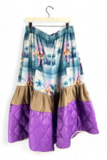 Floral Scenic Print Wide-Leg Pants with Purple Quilted Panels