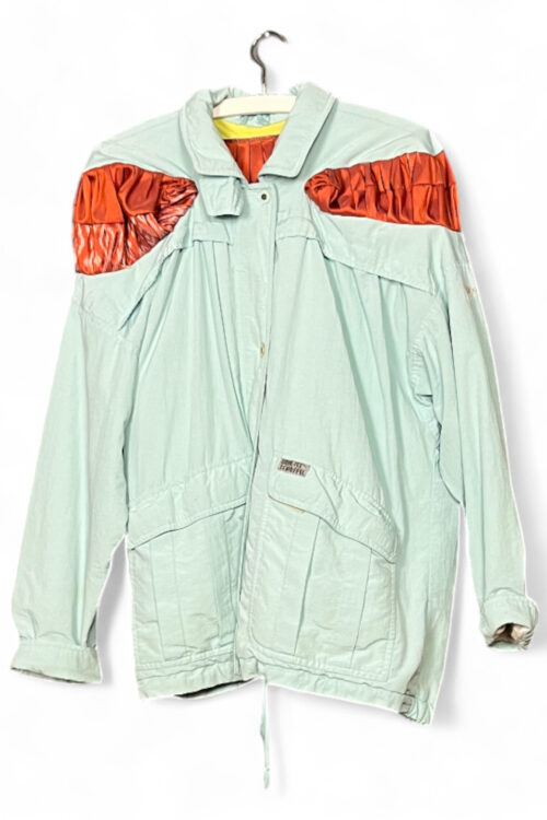 Upcycled Blue Parka Jacket with Thai Silk Rust Accents and Ruffled Detailing