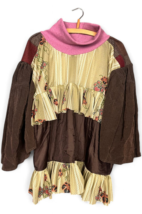 Brown and Pink Patchwork Ruffle Tunic