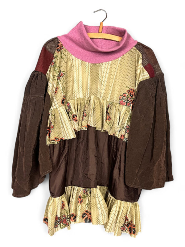 Brown and Pink Patchwork Ruffle Tunic