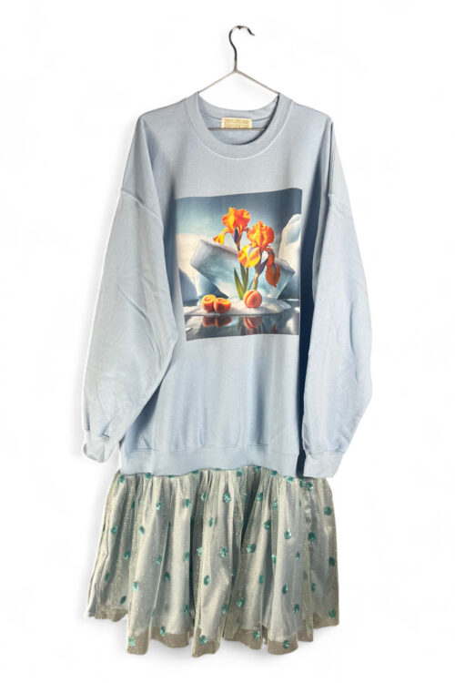 Floral Art Graphic Sweatshirt Dress with Polka Dot Tulle Skirt