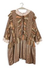 Brown Ruffled Patchwork Dress with Lace Details