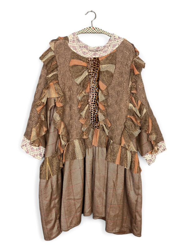 Brown Ruffled Patchwork Dress with Lace Details