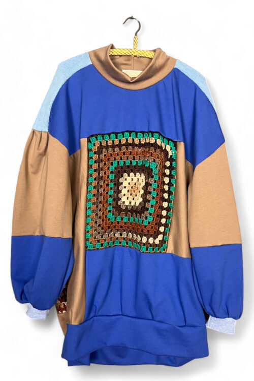 Blue and Tan Sweatshirt with Upcycled Granny Square Crochet