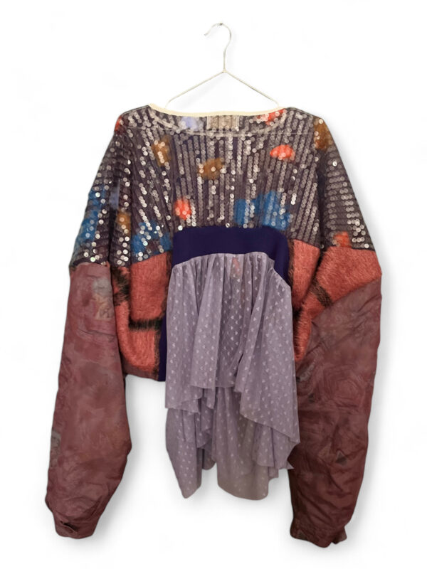 Upcycled Mixed-Media Top with Parka Sleeves, Sequin Bodice, and Layered Back Ruffles