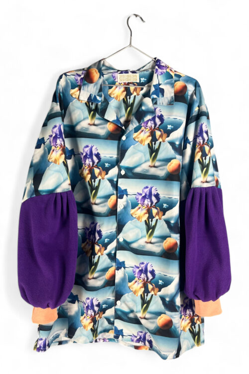 Art-Inspired Button-Up Shirt with Floral Print and Purple Balloon Sleeves