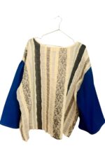 Beige and Blue Patchwork Blouse with Vintage-Inspired Stripes