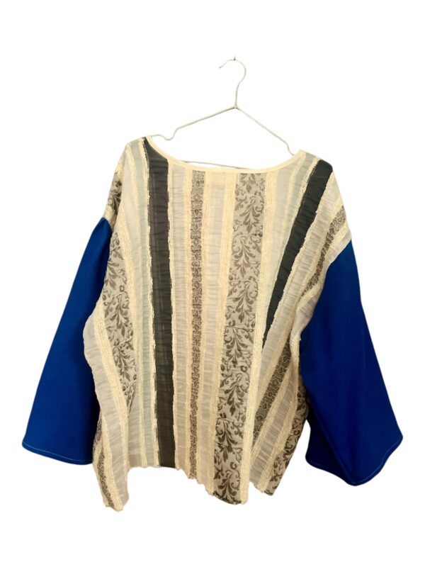 Beige and Blue Patchwork Blouse with Vintage-Inspired Stripes