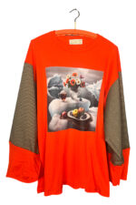 Orange Surrealist Graphic Long-Sleeve Tee with Plaid Sleeves