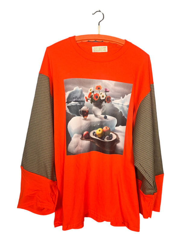 Orange Surrealist Graphic Long-Sleeve Tee with Plaid Sleeves