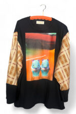 Black Long-Sleeve Tee with Hamster Graphic and Plaid Sleeves