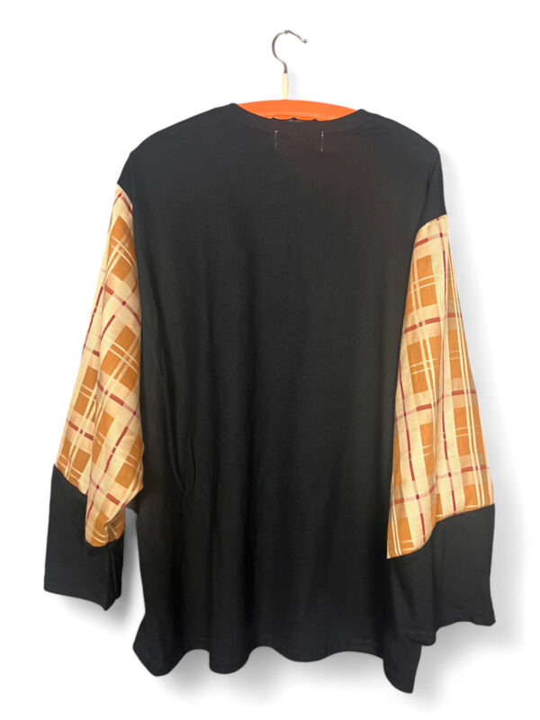 Black Long-Sleeve Tee with Hamster Graphic and Plaid Sleeves