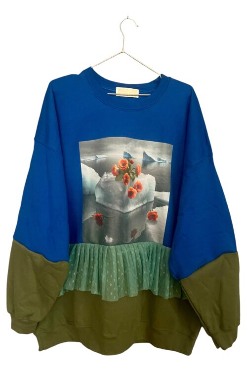 Blue and Olive Green Sweatshirt with Floral Iceberg Graphic and Ruffle Detail