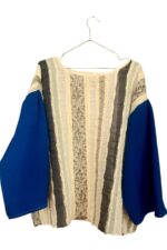 Beige and Blue Patchwork Blouse with Vintage-Inspired Stripes