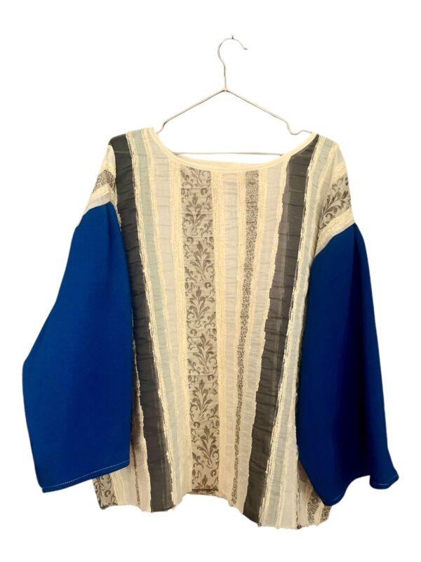 Beige and Blue Patchwork Blouse with Vintage-Inspired Stripes