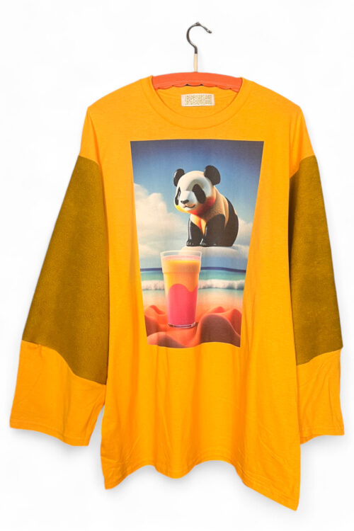 Yellow Long-Sleeve Tee with Panda Graphic and Mustard Sleeves