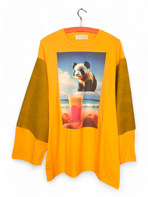 Yellow Long-Sleeve Tee with Panda Graphic and Mustard Sleeves