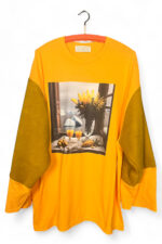 Yellow Long-Sleeve Tee with Still-Life Floral Graphic and Mustard Sleeves