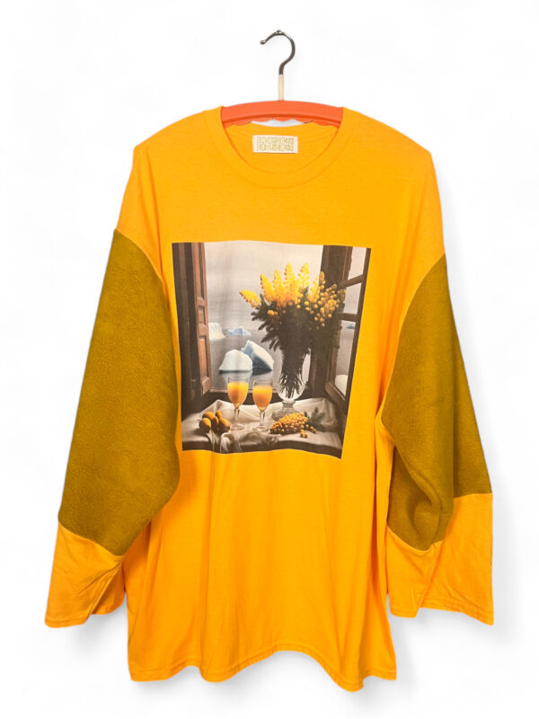 Yellow Long-Sleeve Tee with Still-Life Floral Graphic and Mustard Sleeves