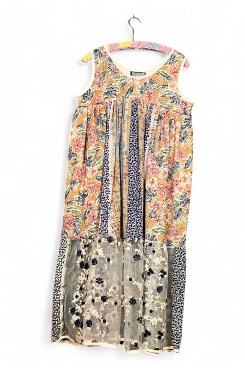 Vintage Floral Sleeveless Patchwork Dress with Embroidered Sheer Panel