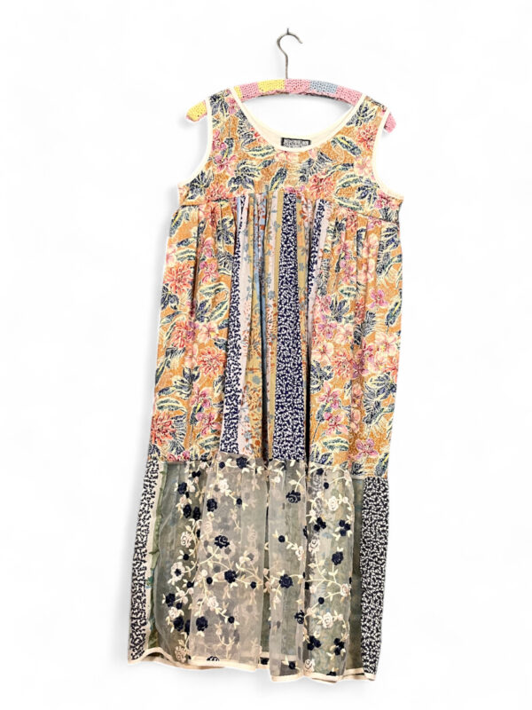 Vintage Floral Sleeveless Patchwork Dress with Embroidered Sheer Panel