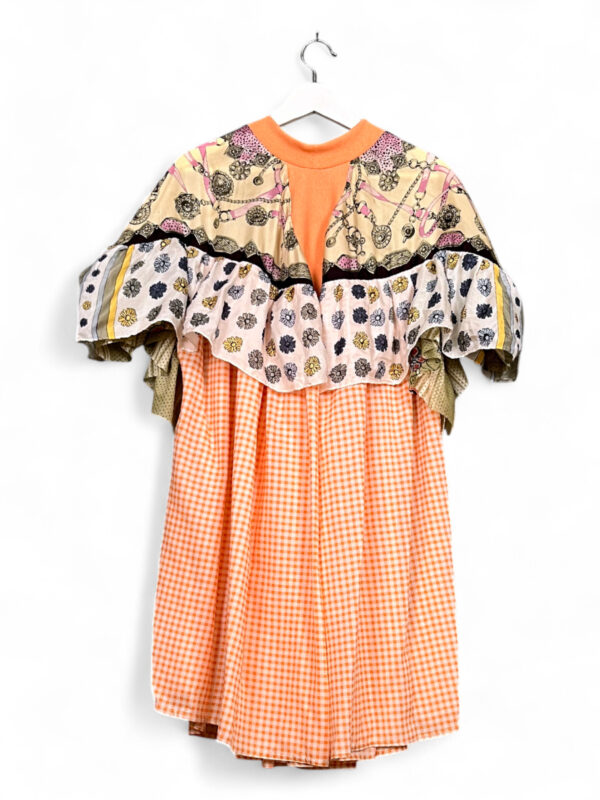 Vintage Scarf Dress with Orange Checkered Skirt and Floral Detail