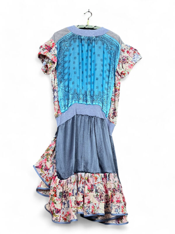 Upcycled Vintage Scarf Dress with Blue Floral and Ruffled Details