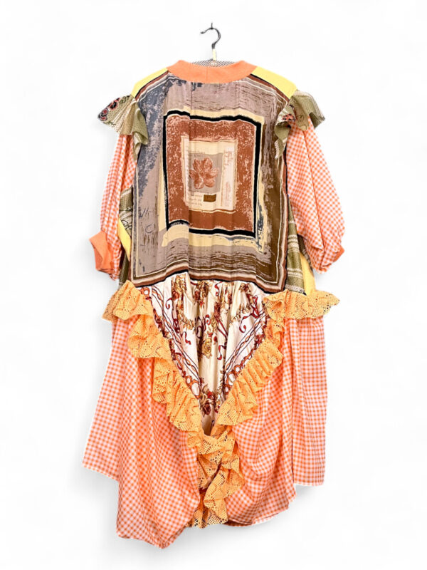 Patchwork Vintage Scarf Dress with Orange and Yellow Gingham Highlights