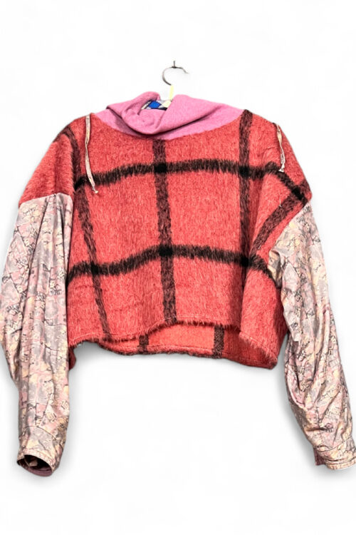 Plaid Cropped Hoodie Top with Mixed Fabrics