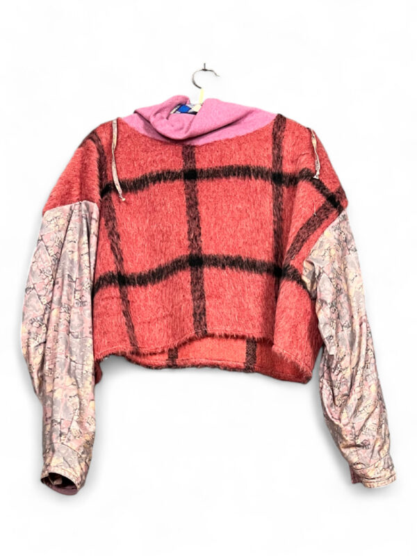 Plaid Cropped Hoodie Top with Mixed Fabrics