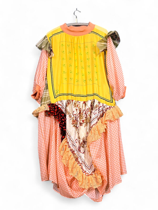 Patchwork Vintage Scarf Dress with Orange and Yellow Gingham Highlights